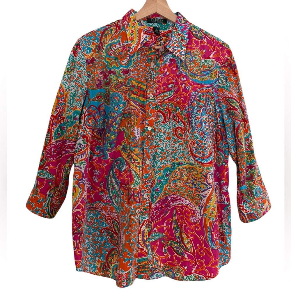 Vintage Lauren Ralph Lauren Paisley Blouse Cotton Maximalist Colorful Pink Sz 1X